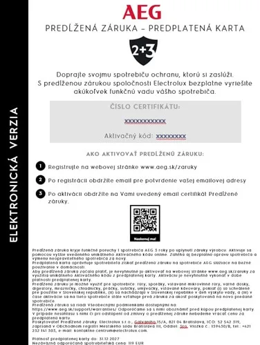 Predĺžená záruka AEG na ďalšie 3 roky Predplatená karta (2+3) 5 rokov záruka EWAEGTASTE1 10530